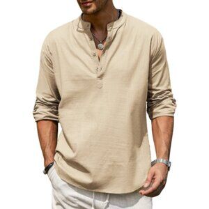 NWT Coofandy Men's Size XL Beige Lightweight Hemp Blend Long Sleeve Henley Shirt